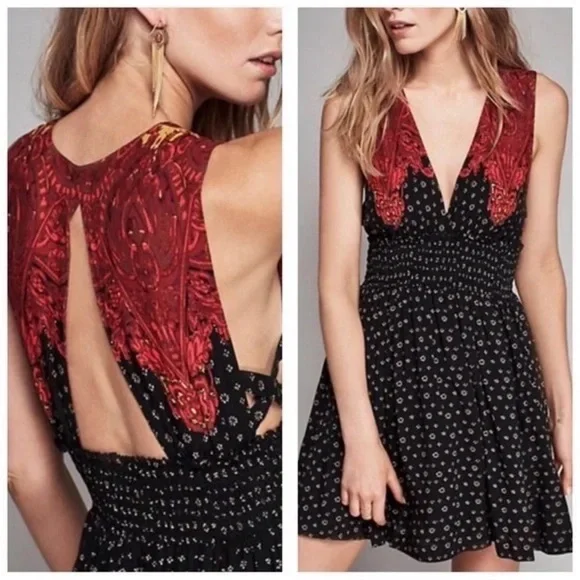 Free People Walking In My Dreams Mini Dress Floral Print Black & Red Size XS - Picture 2 of 7
